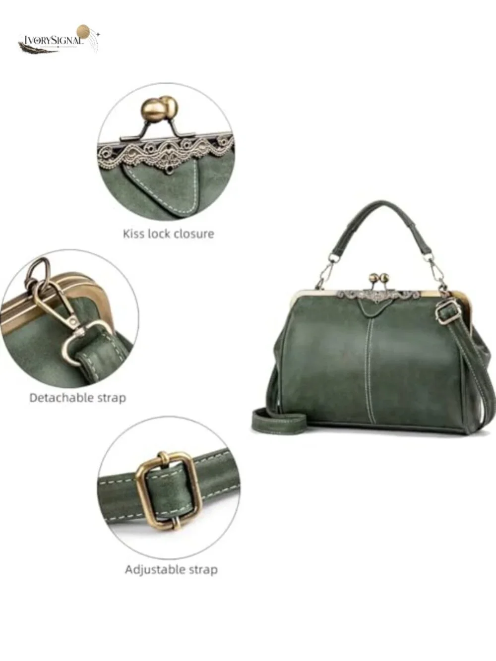 Vegan Leather Satchel Handbag with Kiss Lock Top Handle Removable Crossbody